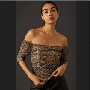 By Anthropologie‎ Shirred Leopard Print Mesh Top Women's XS Animal  Ruch…